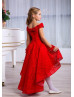 Off Shoulder Red Lace High Low Wedding Flower Girl Dress